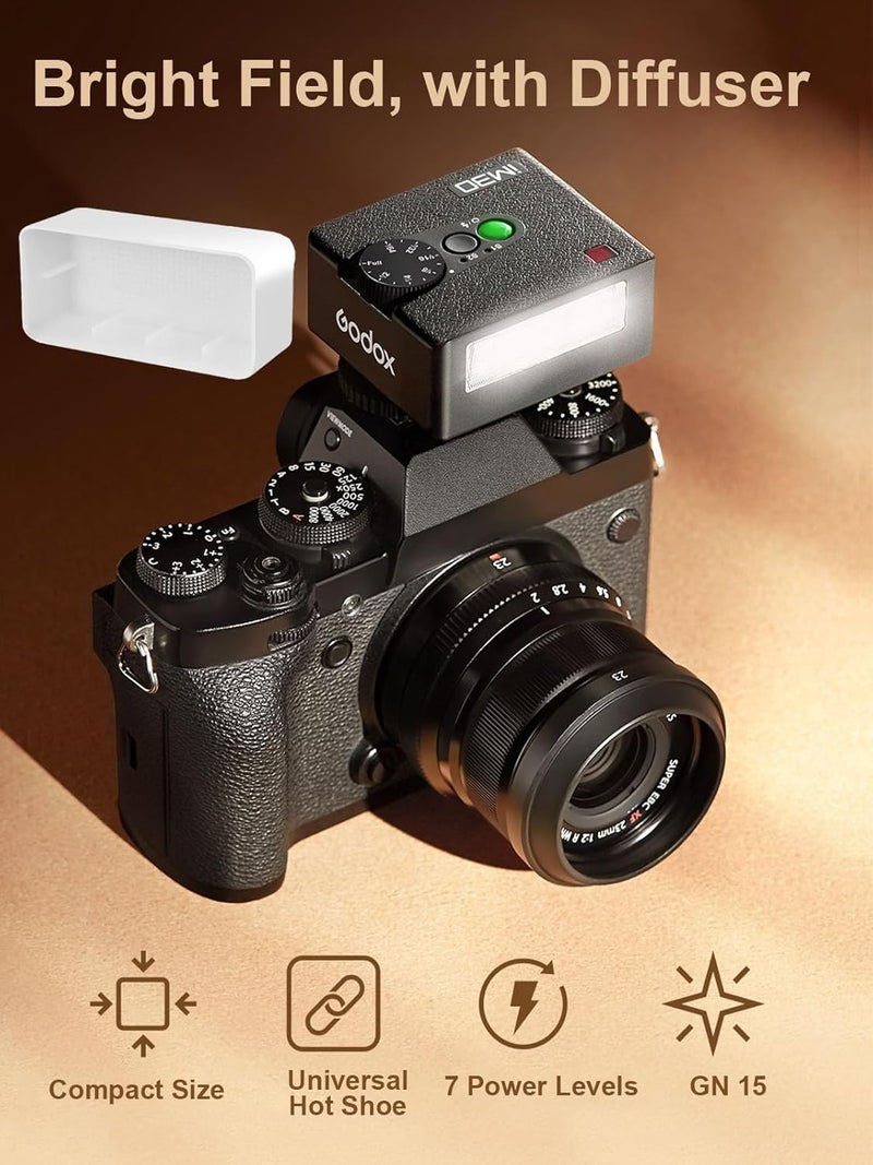 Godox iM30 with Diffuser Mini Flash - Camera Flash GN 15, 7 Power Levels, Manual Flash for Canon/Sony zv1/Sony zve10 /Ricoh gr3/Nikon/Fuji f1-230 Full-Power Flashes/6500K±200K/3.6S Recycle - Image 3
